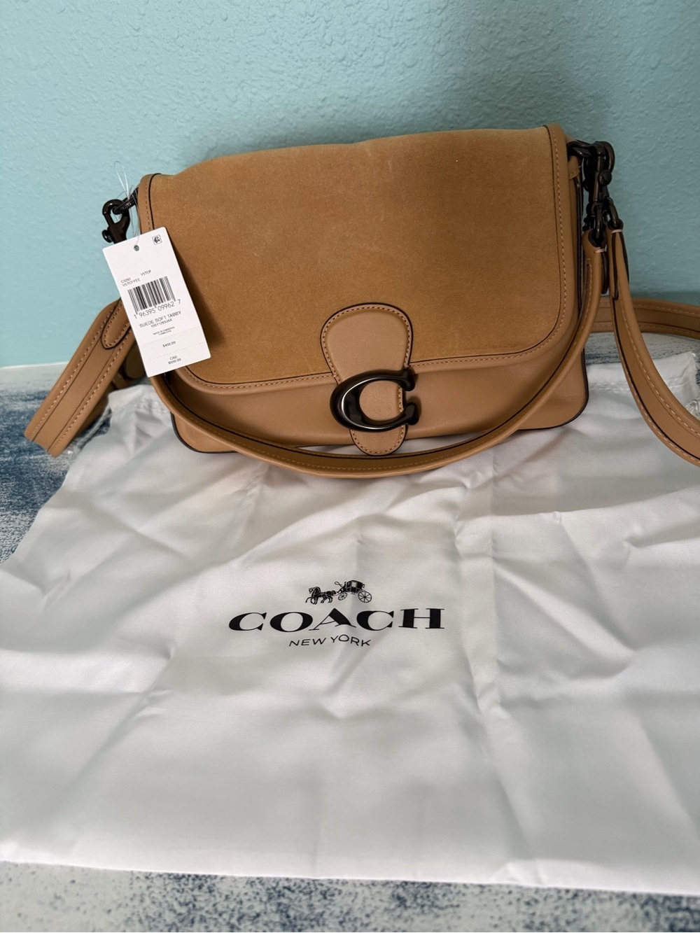 Coach Tabby Tan Suede & Leather Crossbody with Black 'C' Hardware NWT